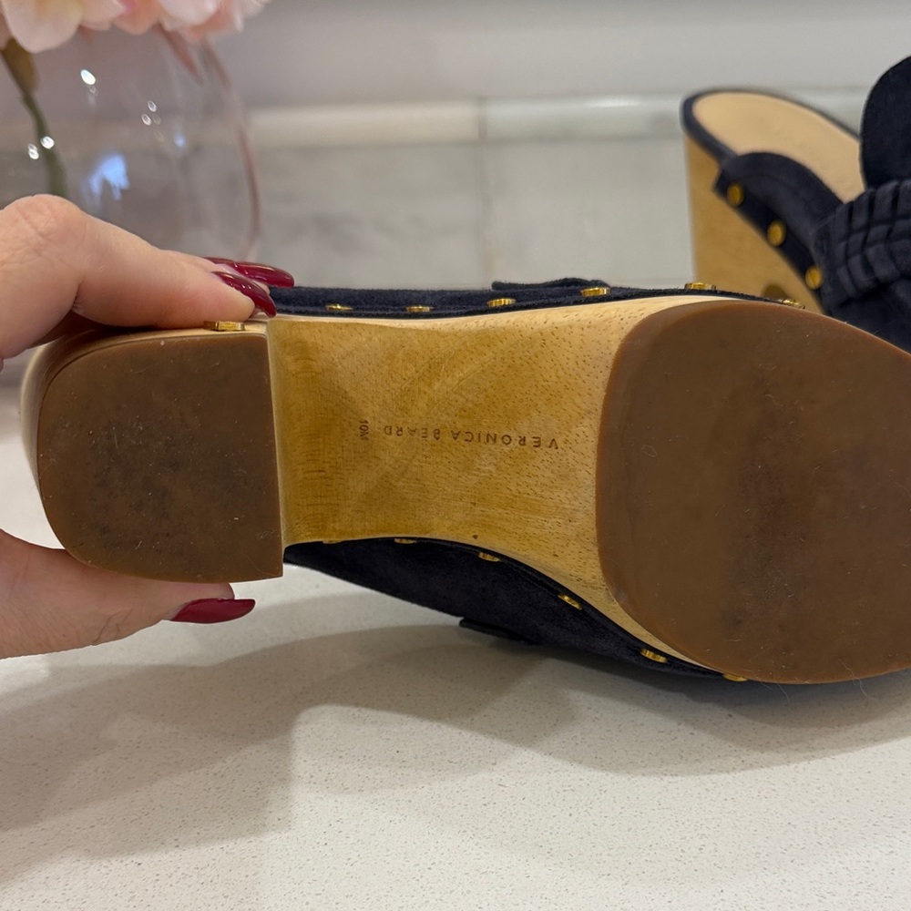 Veronica Beard Navy Suede Mules with Gold Accents - Picture 5 of 11